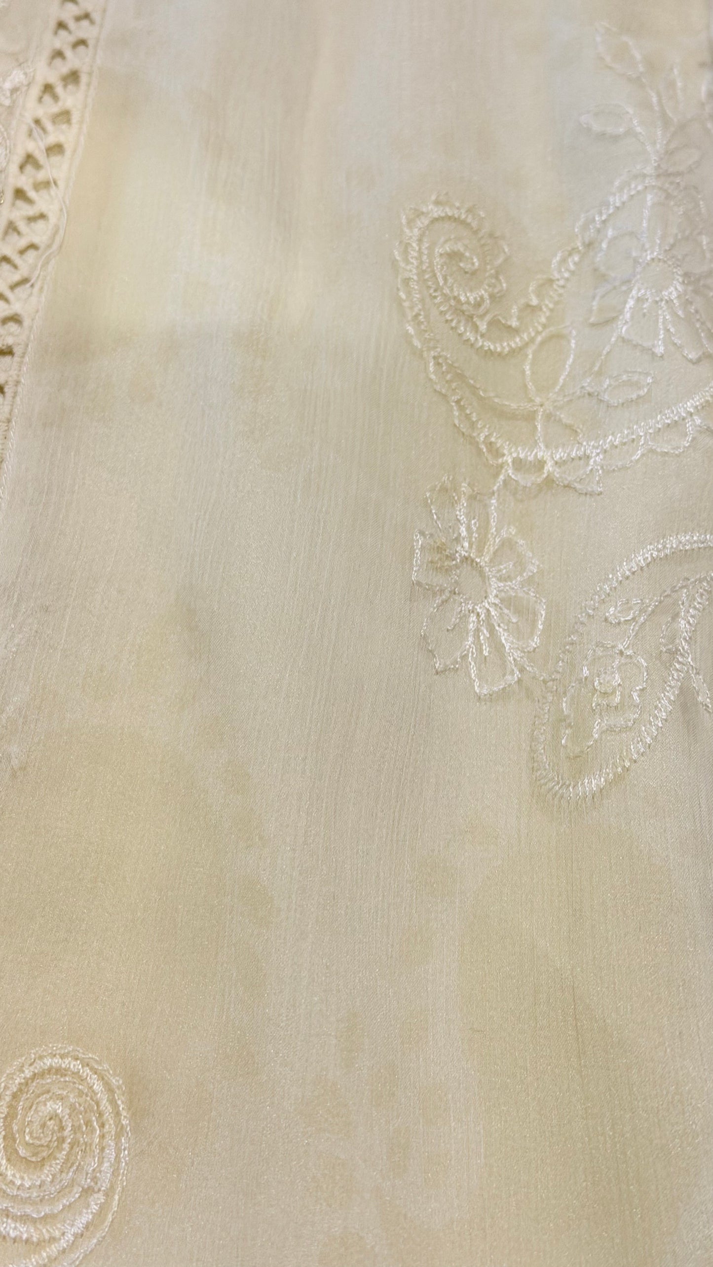Imbias Off-White Chiffon Shirt with Embroidery and Self-Print background in light beige color