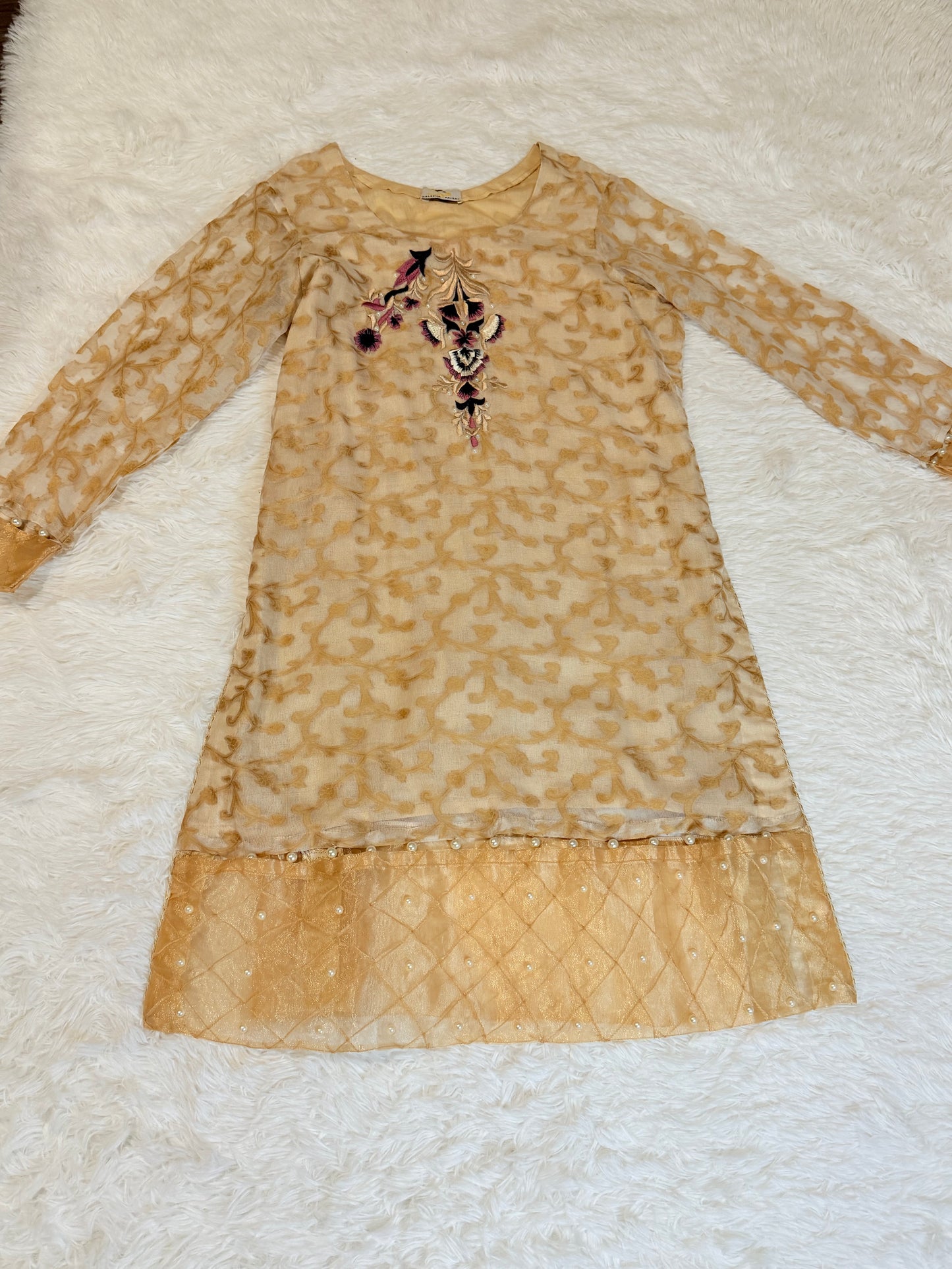 Azleena Faisal Cotton Net Kameez with Organza & Pearl Accents