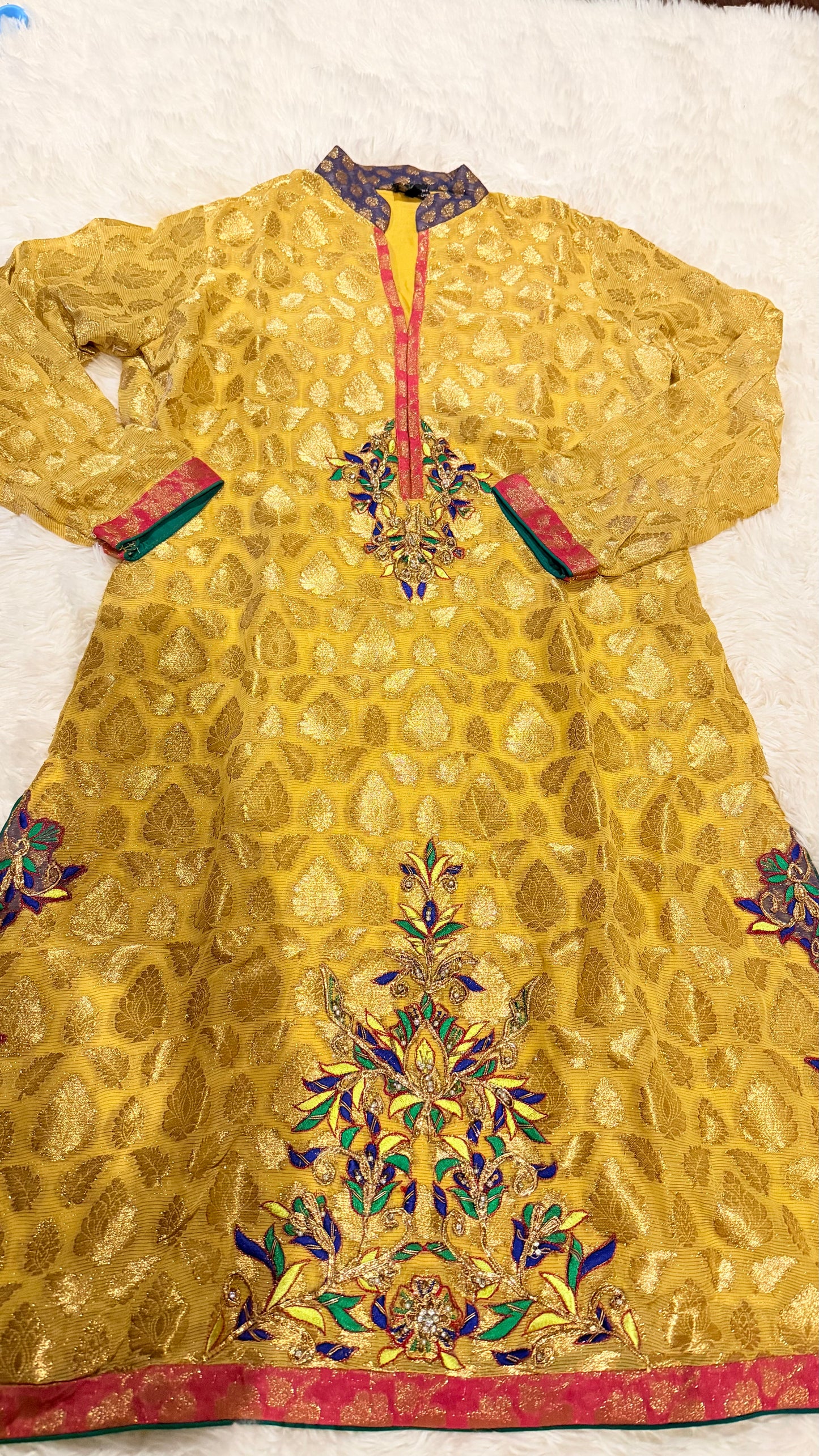 Nickie Nina Mustard/Golden Jamawar Shirt with Heavy Embroidery, Metallic Thread and Crystal Embelishments on the borders and Neckline