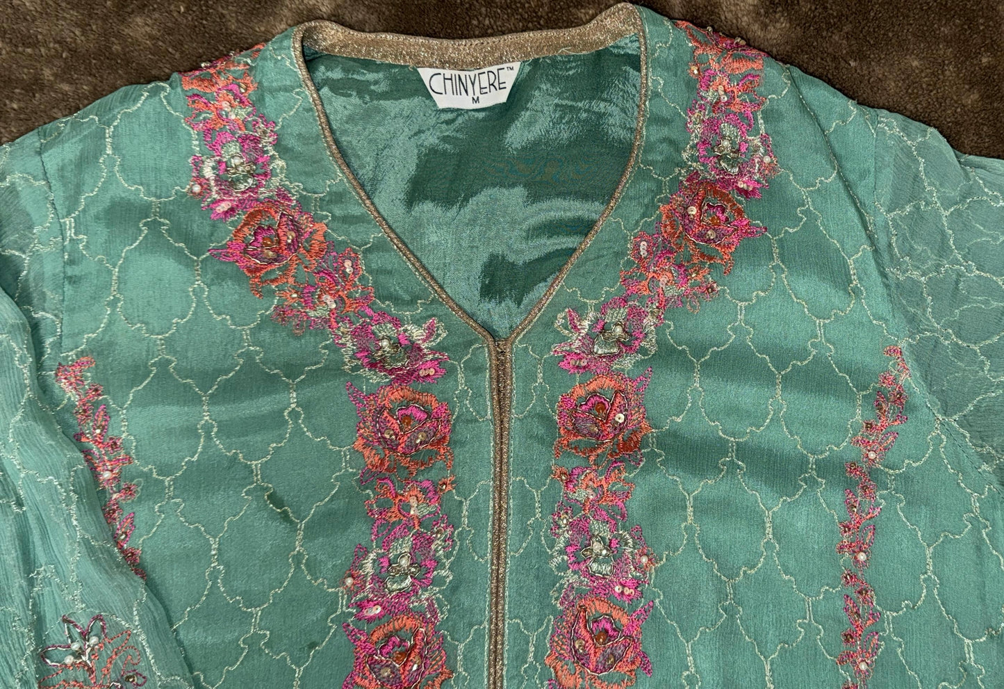 Teal Chinyere Shirt with Pink and Gold Embroidery with Straight Pants and Dupatta