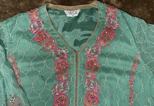 Teal Chinyere Shirt with Pink and Gold Embroidery with Straight Pants and Dupatta