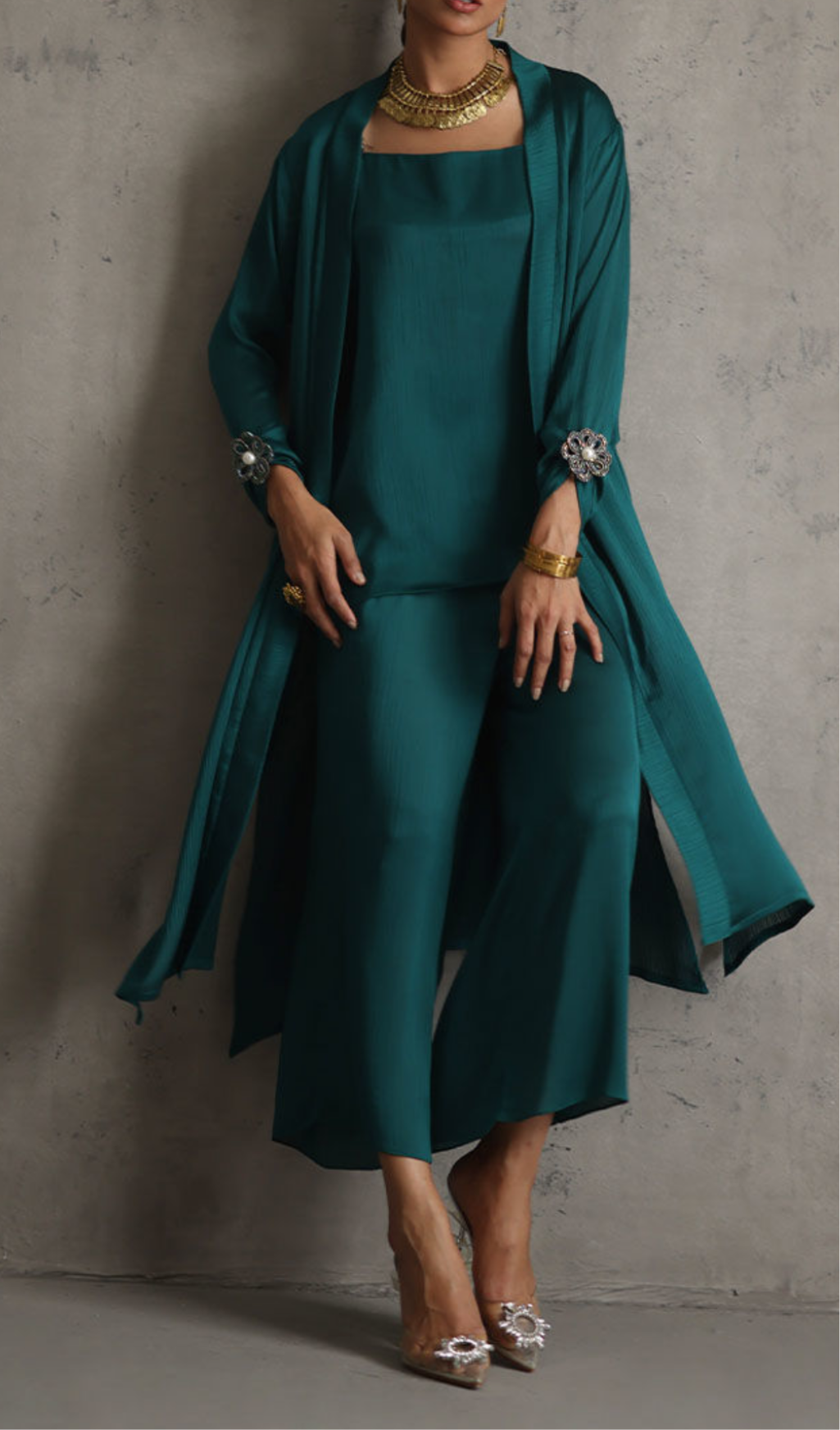 Rozina Munib Fusion Suit in Green with Accent on Sleeves