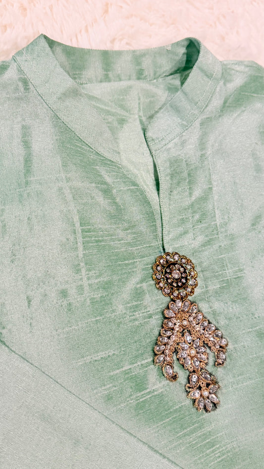 Mint Green Raw Silk Suit with Embroidered Motif on neckline, comes with pants
