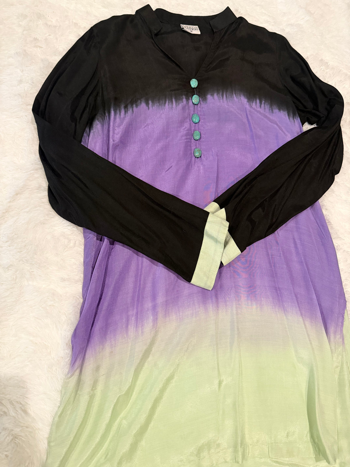 Karma Black Silk Tie & Dye style shirt with Turquoise buttons