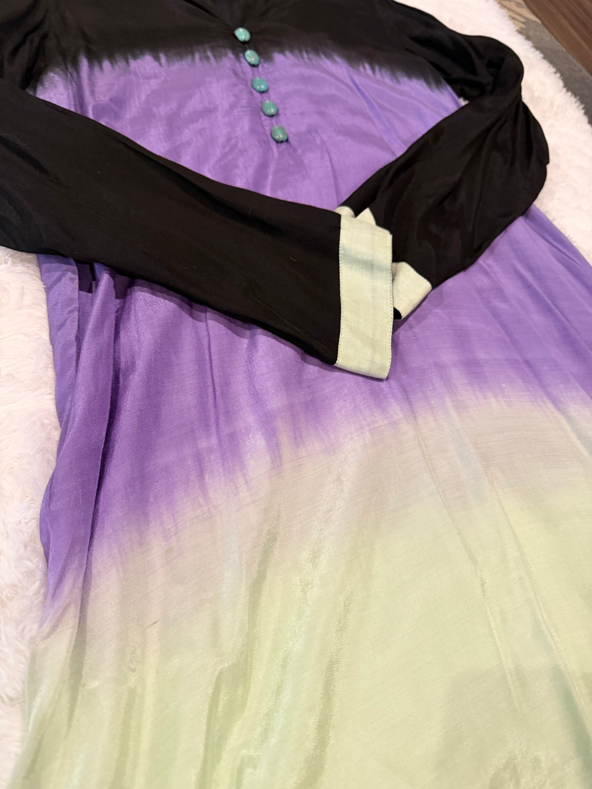 Karma Black Silk Tie & Dye style shirt with Turquoise buttons