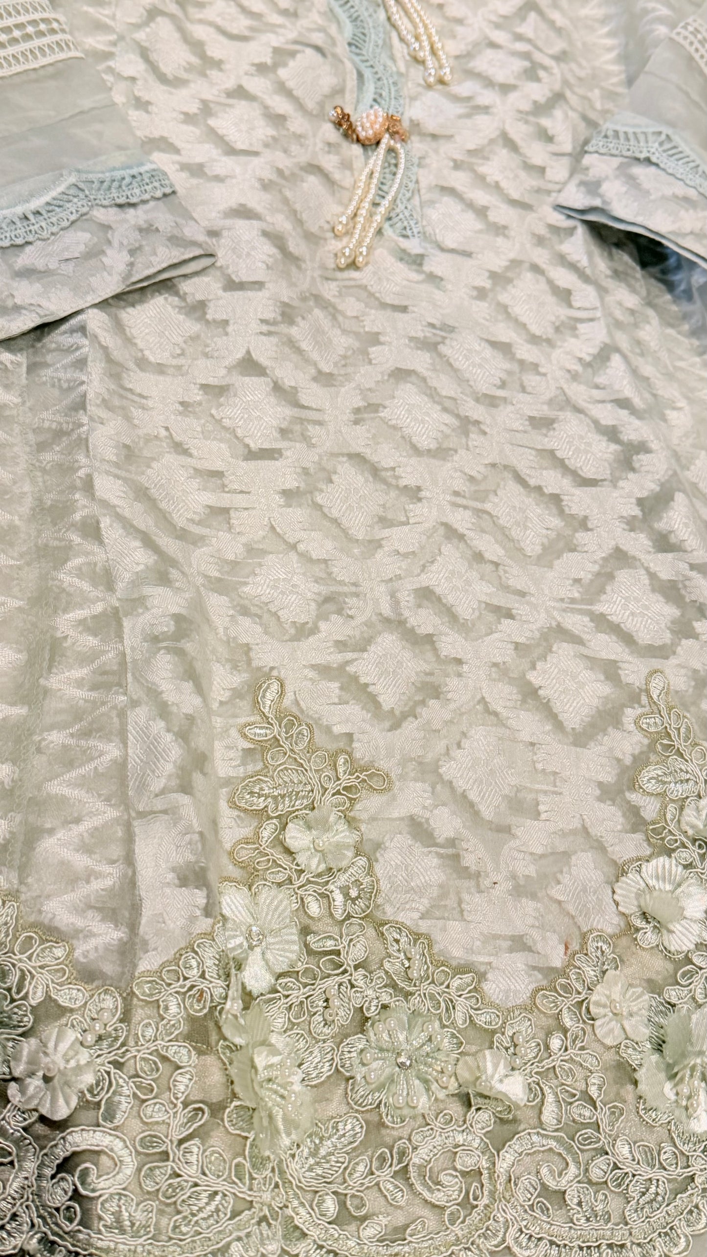 Mahvish Naeem Mint Green Organza Shirt with Embroidery and 3D flower embellishments with Pearl and Crystal accents.