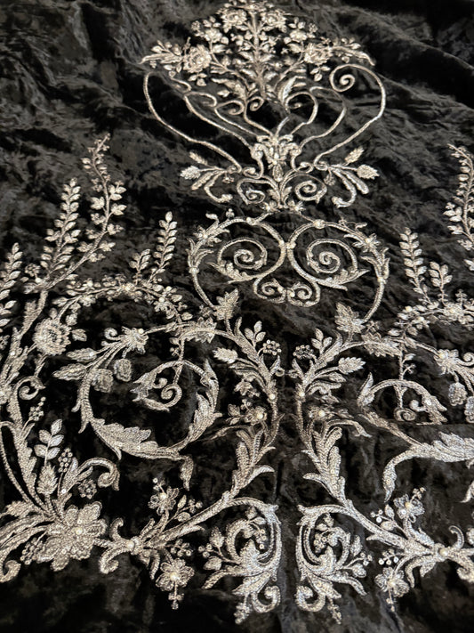 Maria B Black Velvet Shawl with Silver and White Embroidery & Accents