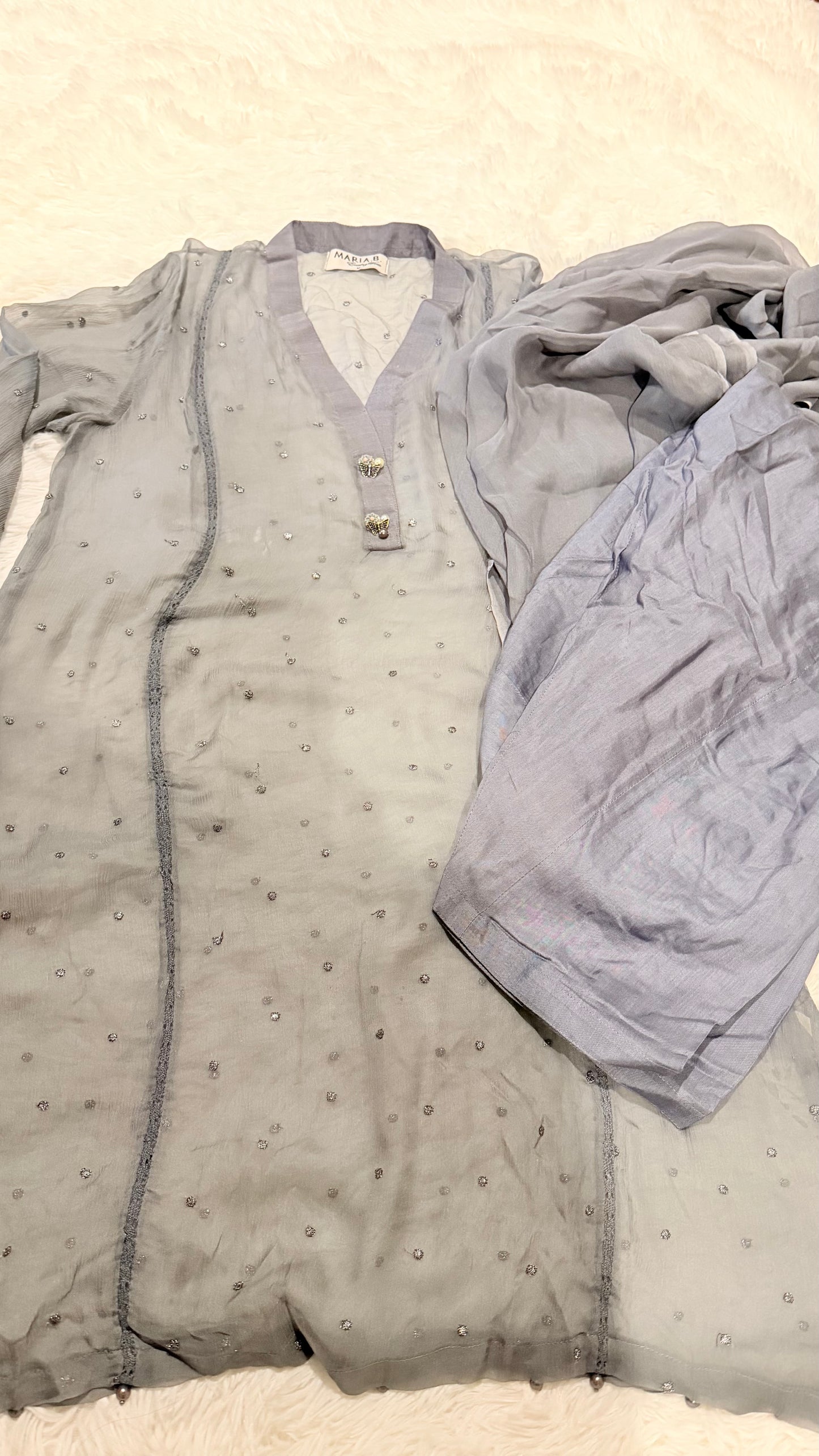 Maria B Gray Chiffon Shirt with Metallic Thread Embroidery and Pearl trim on sleeves and hem