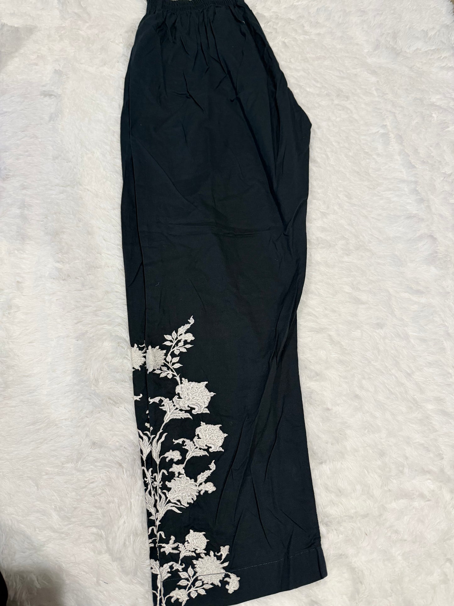 Khaadi Pret Dark Teal Cotton Pants with White Floral Embroidery