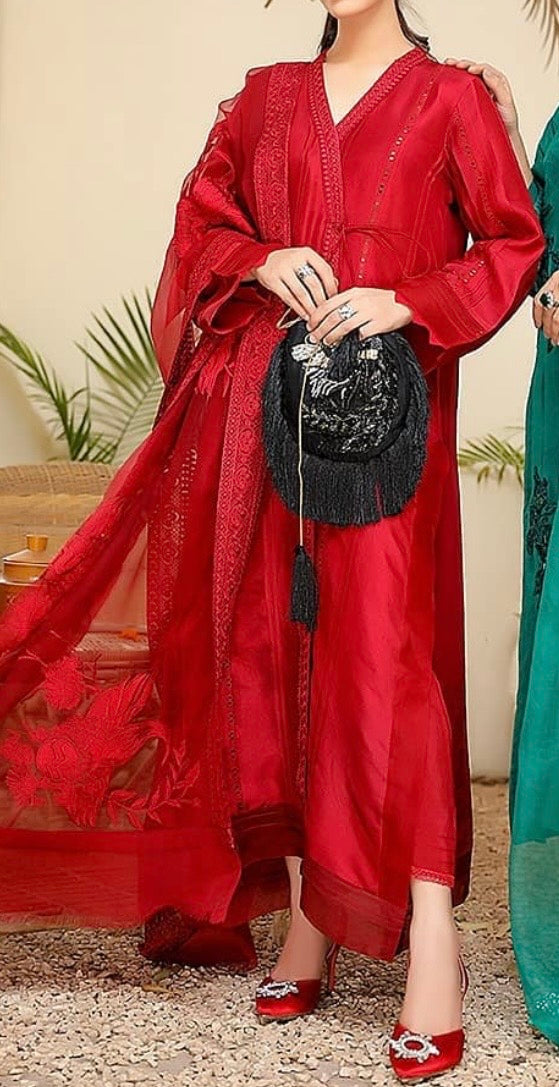 Sumaira Aurangzeb Red Pure Silk Angrakha Cut shirt with straight pants and beautifully embroidered dupatta