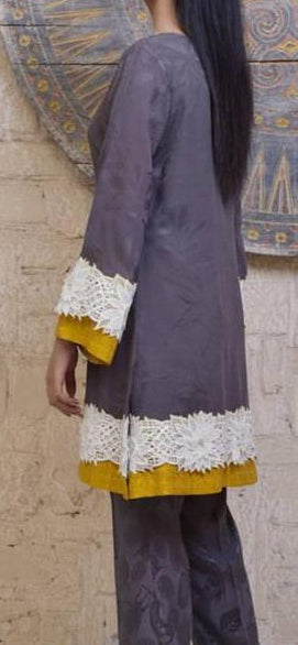 Nickie Nina Purple Self Printed Silk Suit with Yellow Contrasting Silk and White Lace Accents