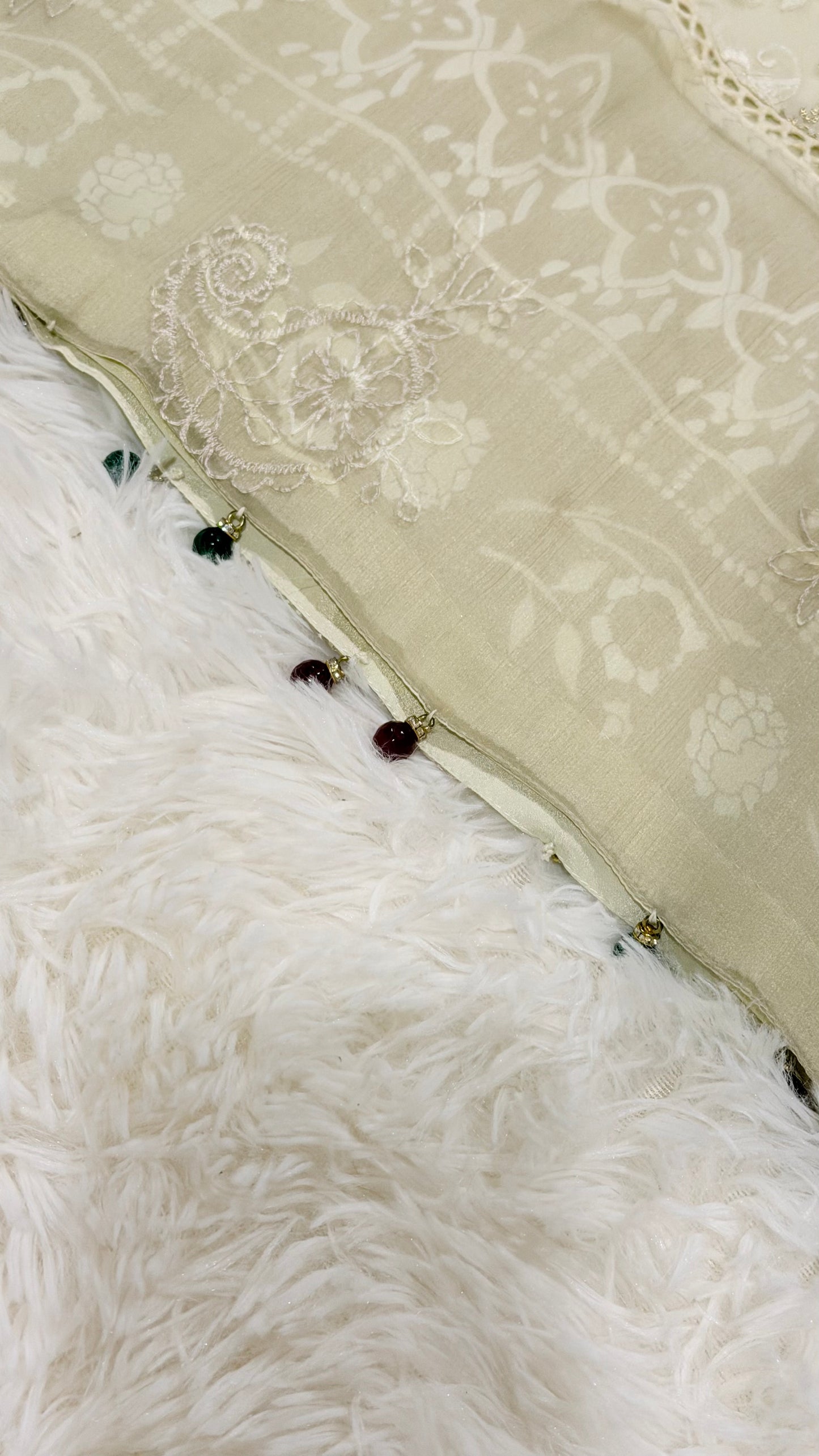 Imbias Off-White Chiffon Shirt with Embroidery and Self-Print background in light beige color