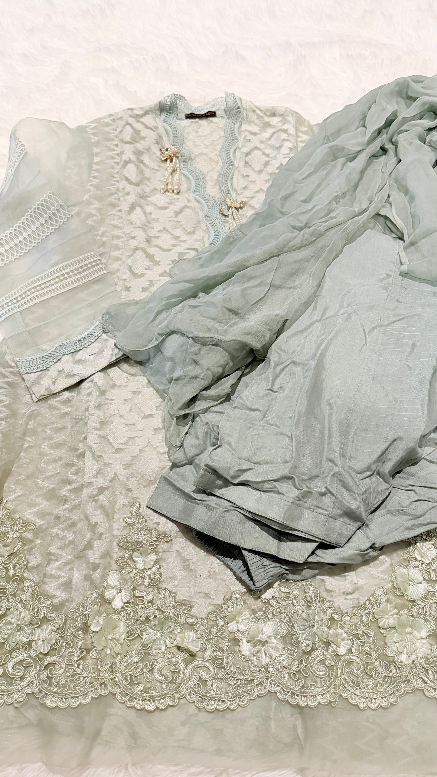Mahvish Naeem Mint Green Organza Shirt with Embroidery and 3D flower embellishments with Pearl and Crystal accents.
