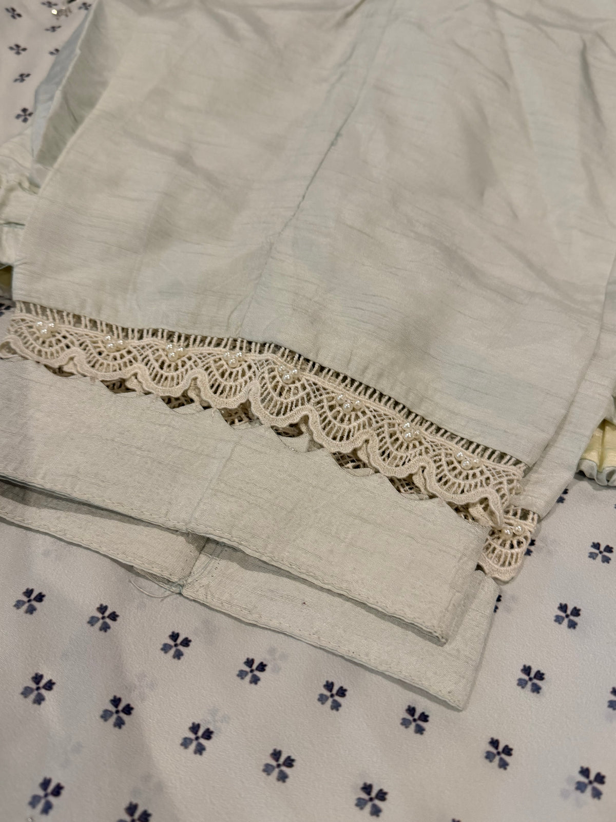 Suffuse Gray Silk Suit with Heavily Embroidered Printed Shirt and Pants with Embellishments on border