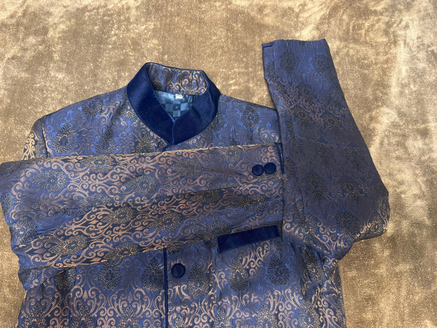 Navy and Bronze Two Toned Jamawar Shirwani