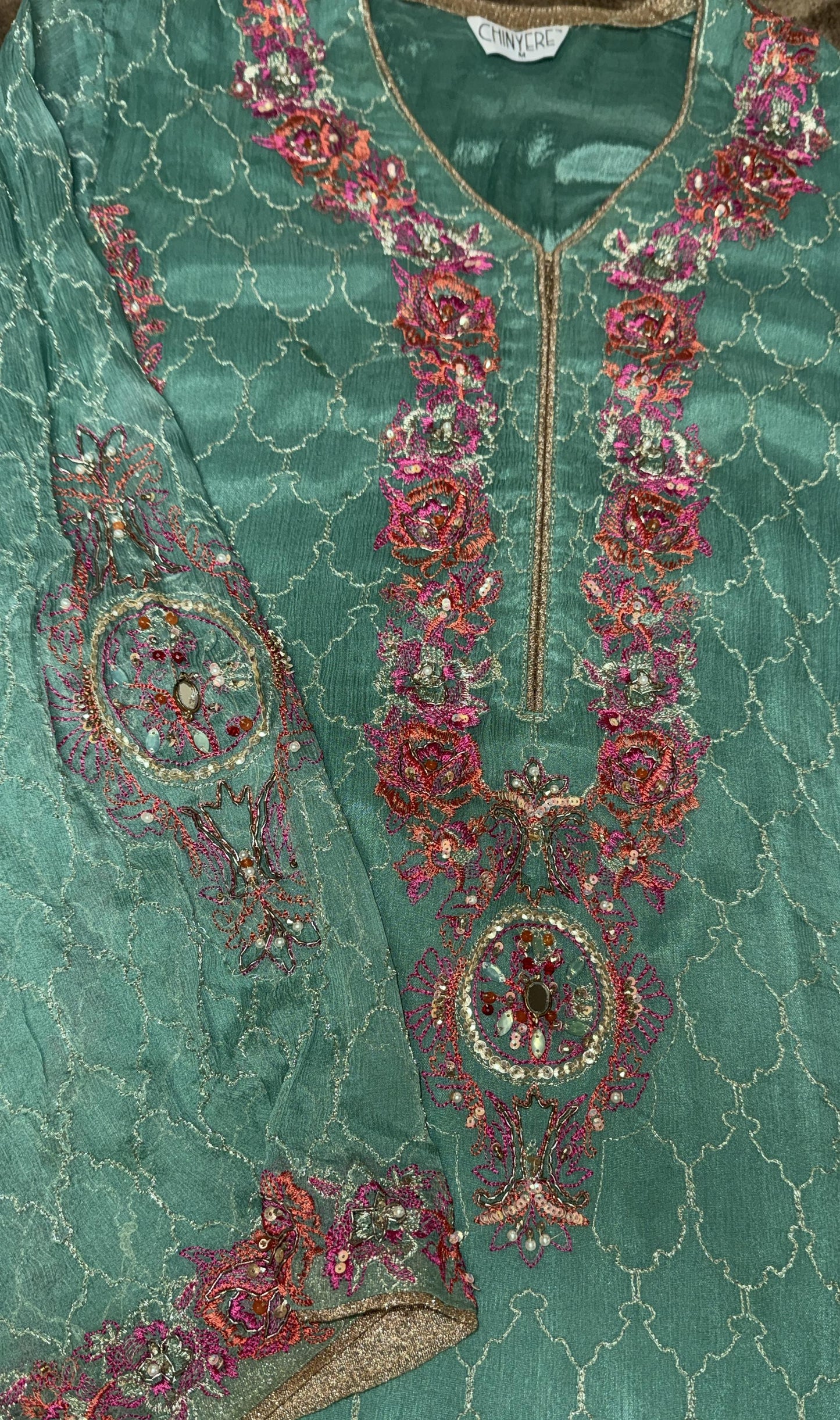 Teal Chinyere Shirt with Pink and Gold Embroidery with Straight Pants and Dupatta