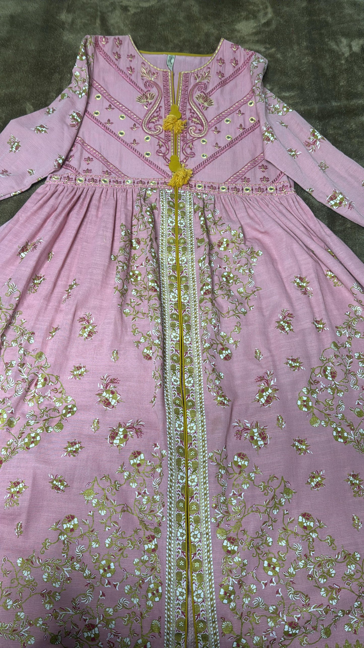 Ethnc Pink and Gold A-line Cotton Silk Frock with Embroidery, Mirror Work and Painted Design