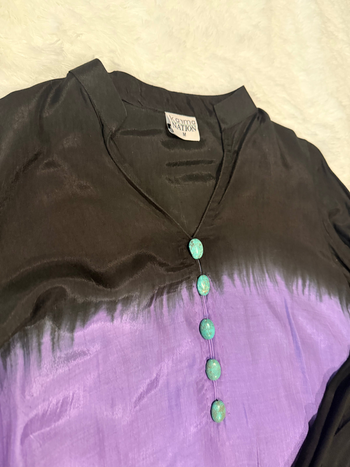 Karma Black Silk Tie & Dye style shirt with Turquoise buttons