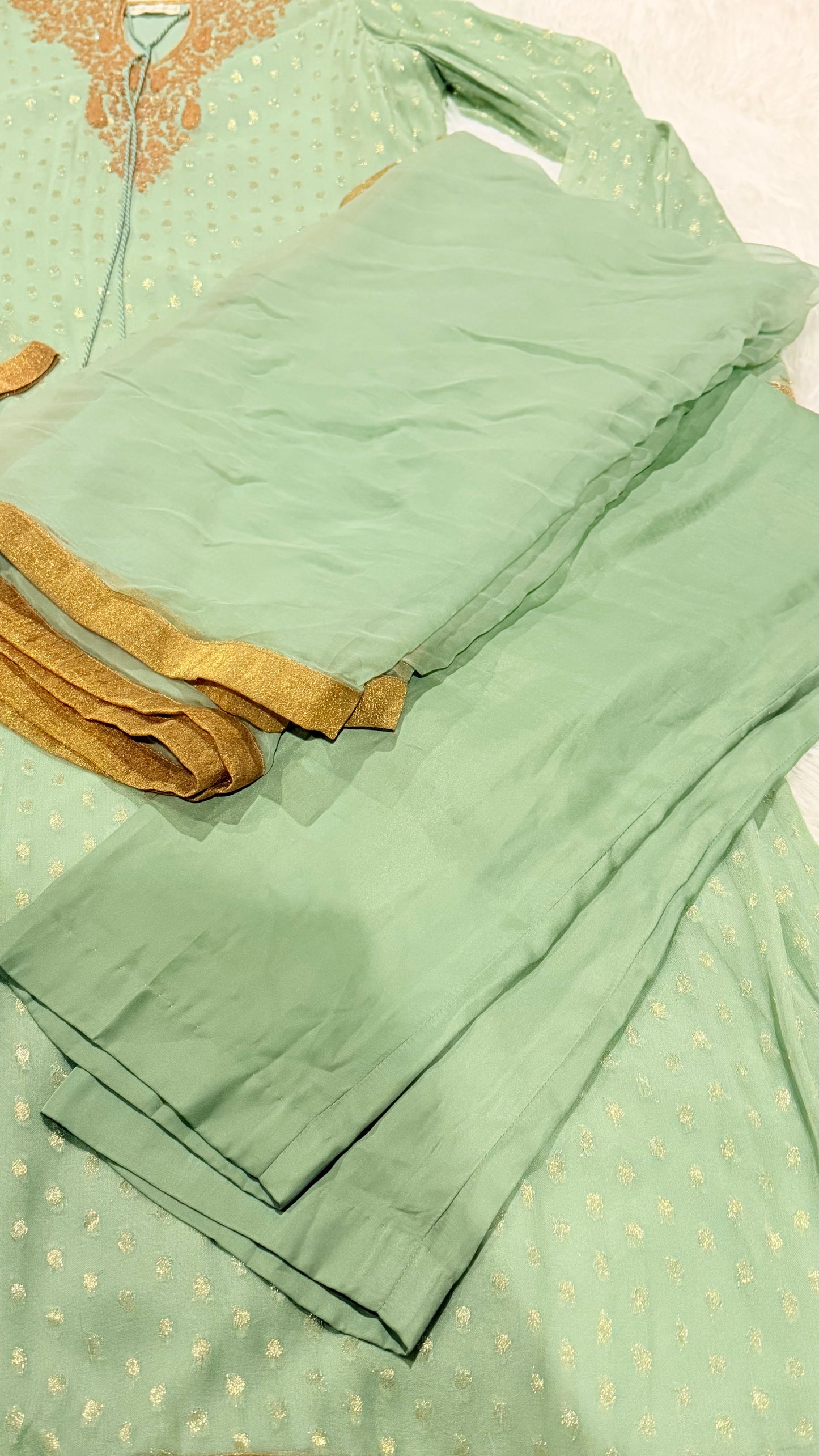 Sublime by Sara Green Chiffon Jamawar Long Shirt with Golden trim and Golden Beads on Neck Tie