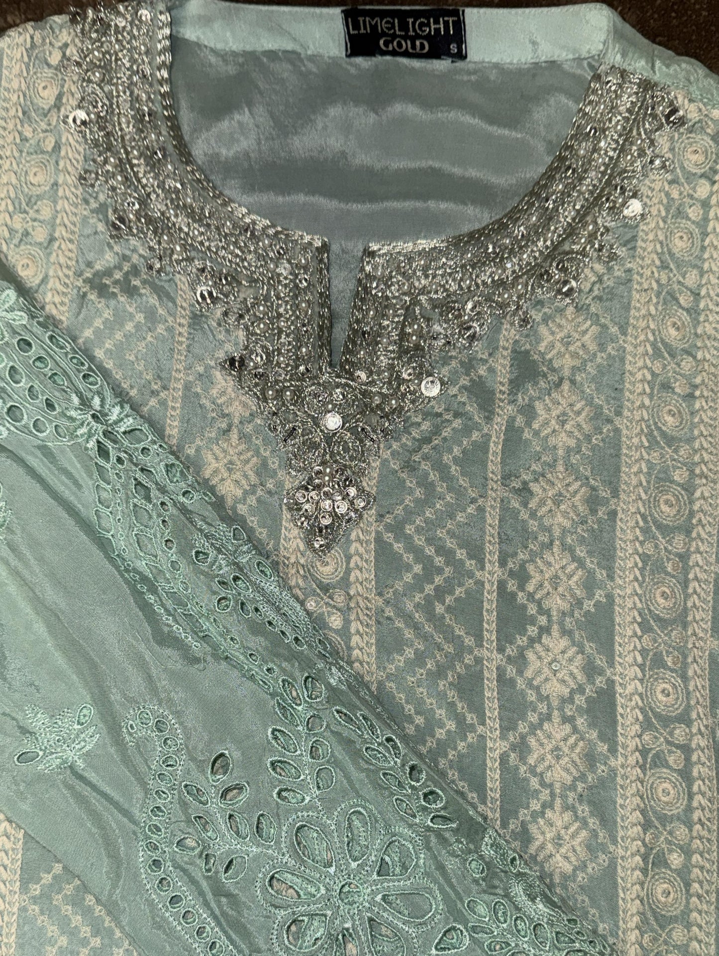 Limelight Kurta Light Turquoise with White Embroidery, Sequins and Silver Embellishments