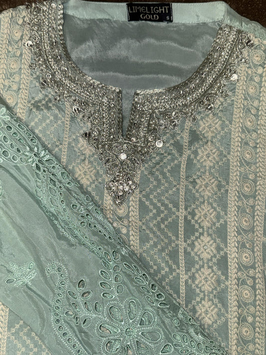 Limelight Kurta Light Turquoise with White Embroidery, Sequins and Silver Embellishments