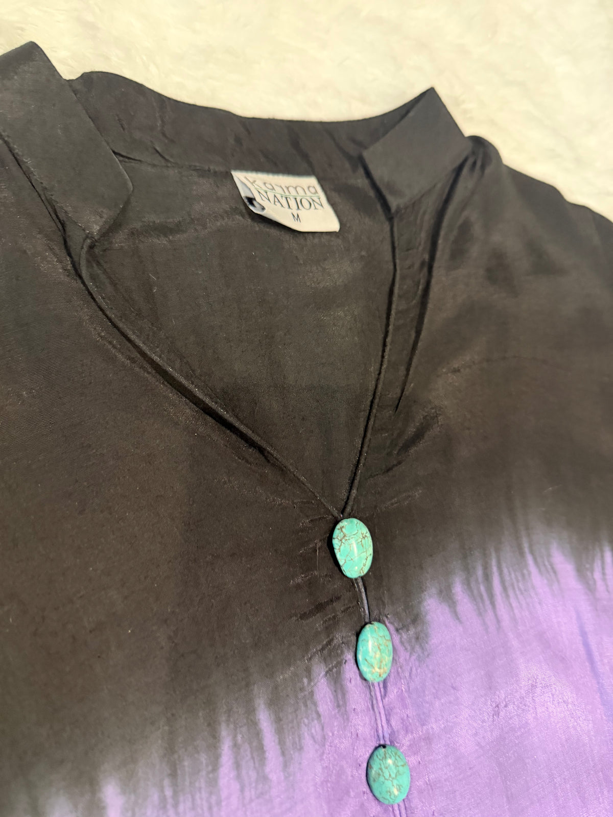 Karma Black Silk Tie & Dye style shirt with Turquoise buttons
