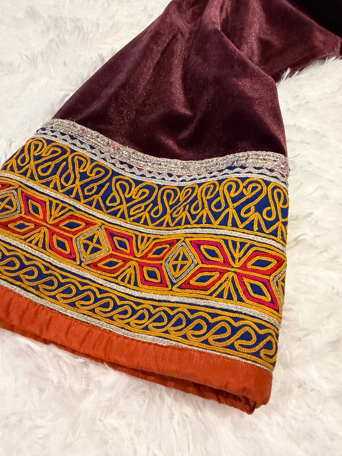 Aisha Imran Deep Purple Velvet Shirt with Thread Embroidery on Border, ornate button decor on neckline and embroidered Sleeve borders