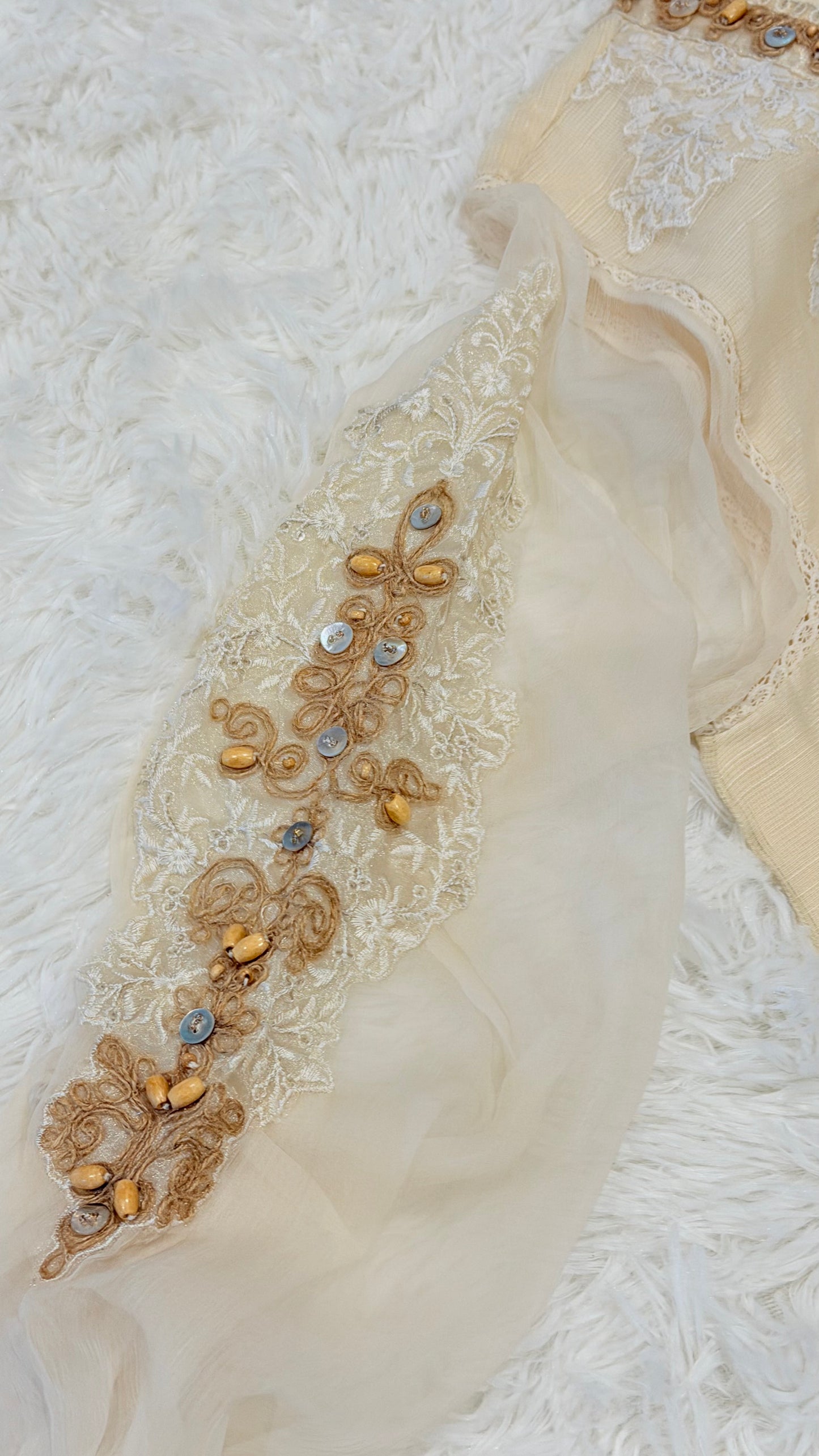 Maria B Cotton Net Cream Shirt with Emboirdery on front and Chiffon Balloon Sleeves with Embroidery on the side.