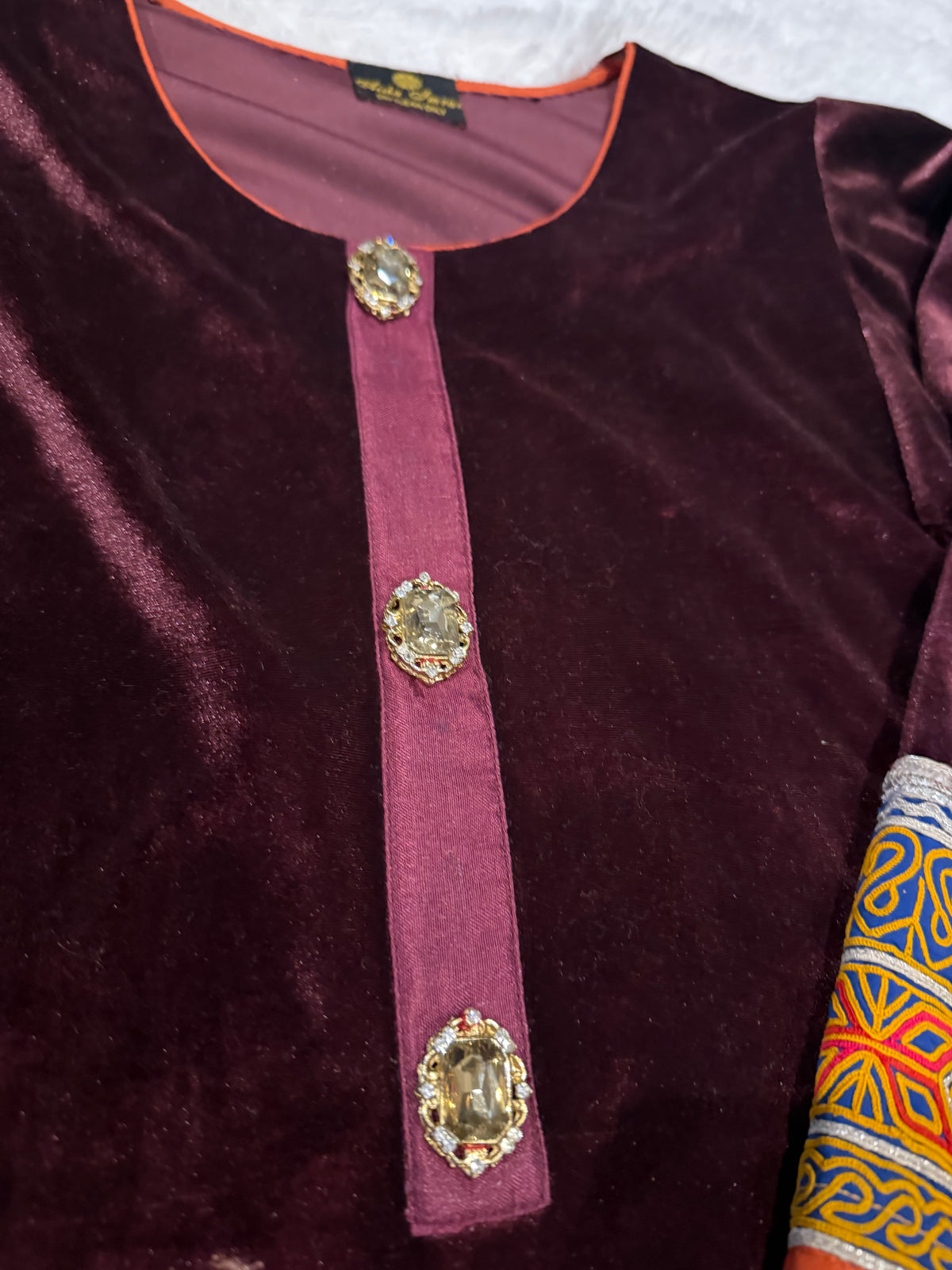Aisha Imran Deep Purple Velvet Shirt with Thread Embroidery on Border, ornate button decor on neckline and embroidered Sleeve borders