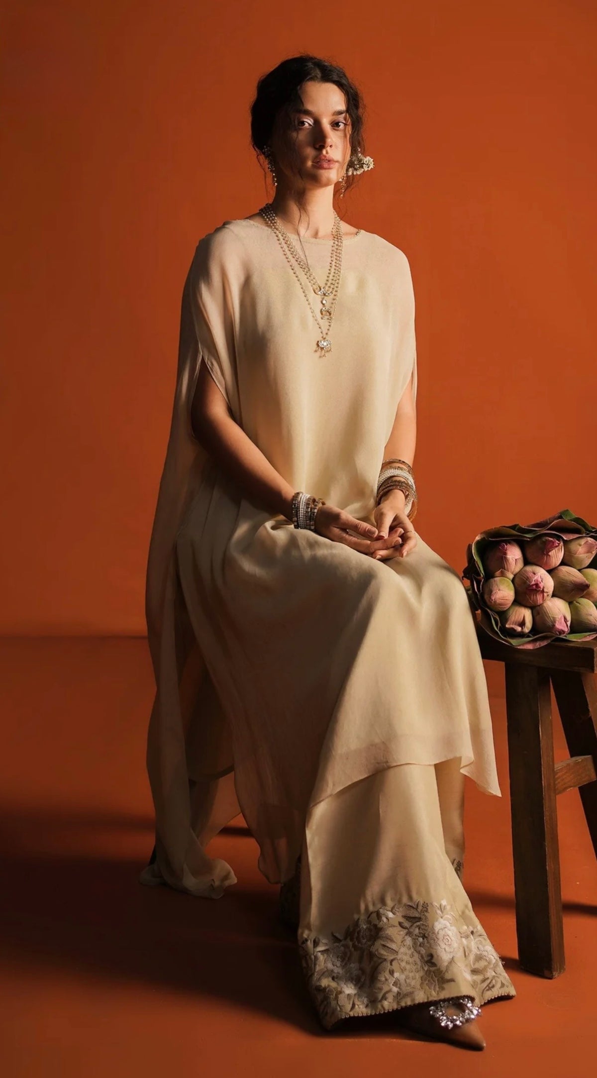 Zara Shajahan Poncho Style Long Shirt with Wide Leg Embroidered Silk Pants.