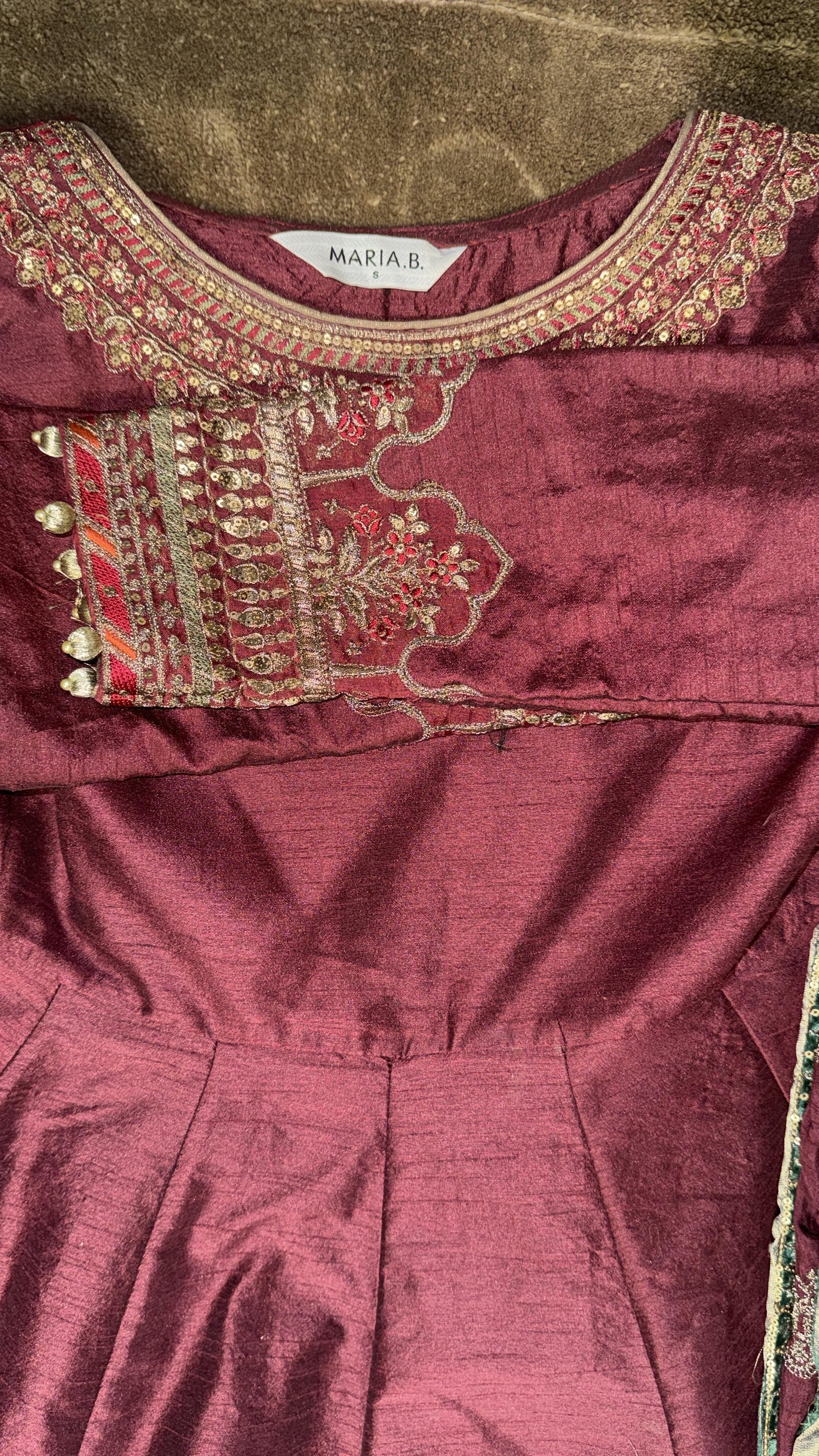 Maria B Burgundy/Maroon Silk Anarkali with Straight Pants and Heavily Embroidered Duputta