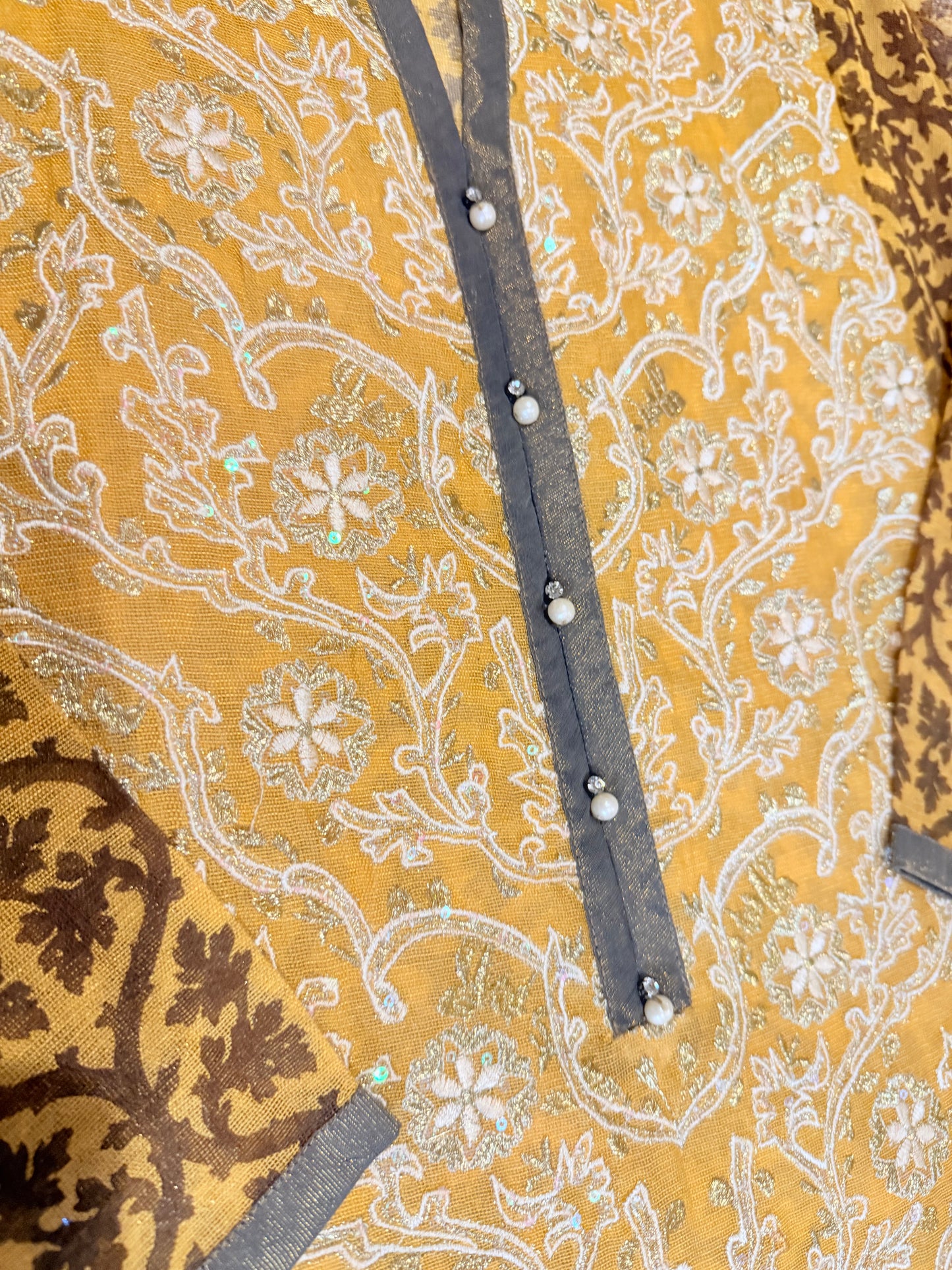 Sana Safinaz 2 Piece Mustard/Brown Cotton Silk Shirt with Metallic threads, sequins and pearls on neckline