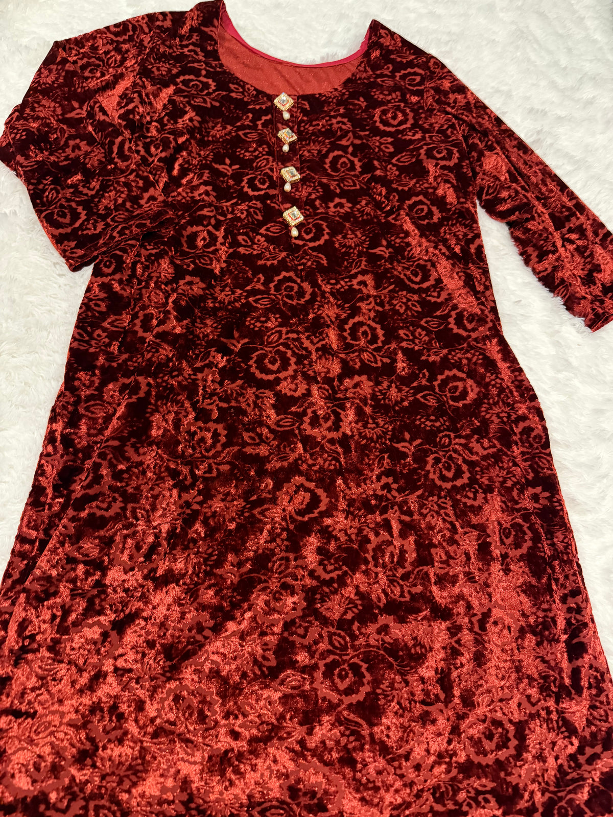 Rust/Orange Self Printed Velvet shirt with ornate buttons on neckline