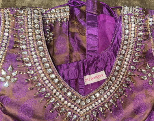 Purple and Mehndi color Indian Short Shirt and Churidaar Pant with Crystal Embellishments