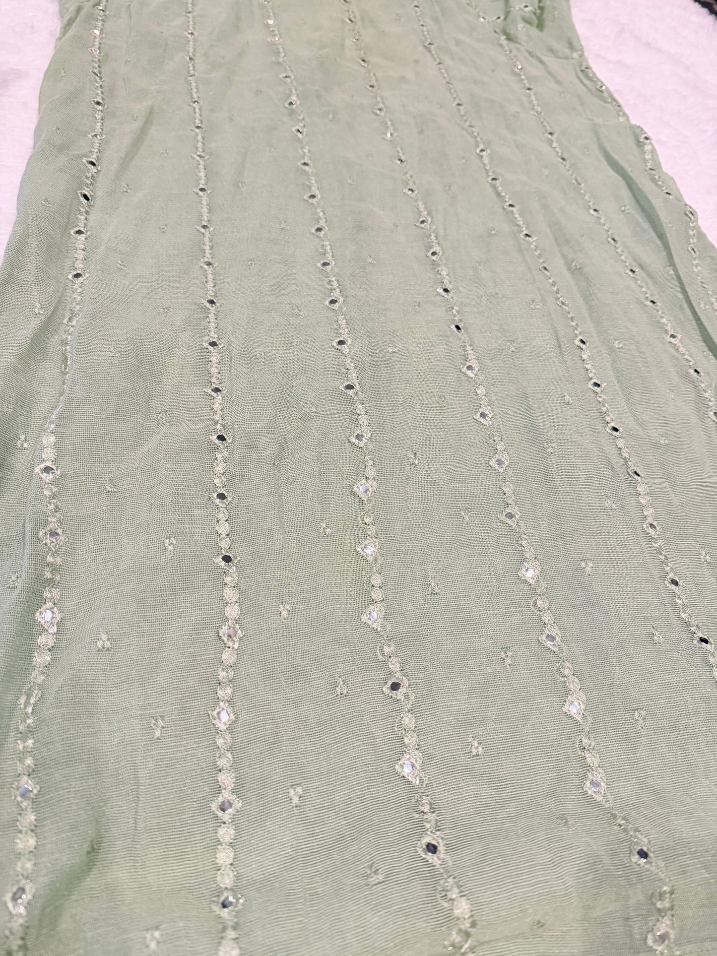 Cross Stitch Sea Green Shirt with Embroidery and Mirror Like work throughout with Pearl and Mirror-look buttons.