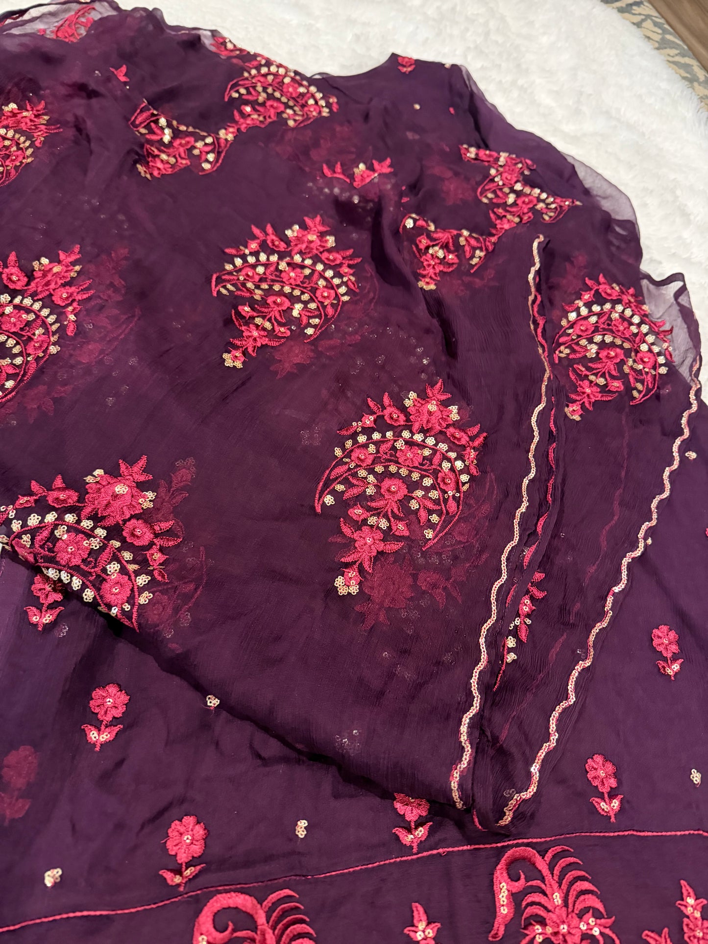 Agha Noor Deep Purple Chiffon Shirt with Magenta Embroidery and Golden Sequins.