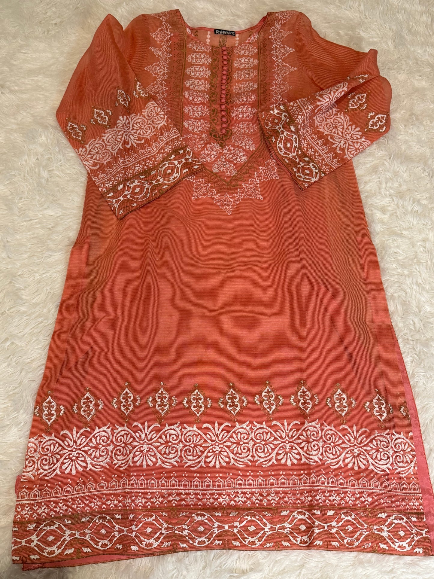 Rabia's Orange Block Printed Cotton Shirt with detachable Silk Slip