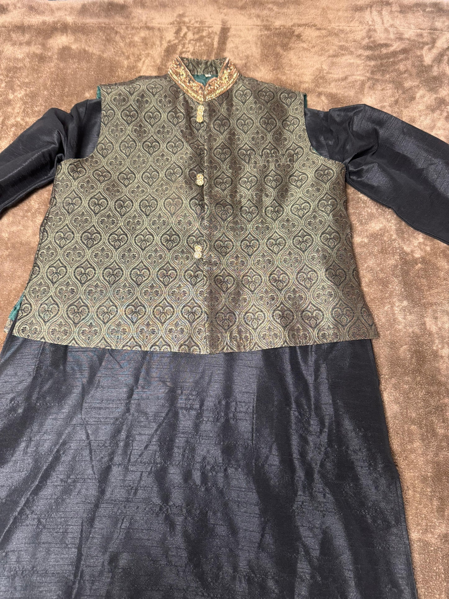 Black Silk Straight Kurta with Jamawar Vest with gold embellishments