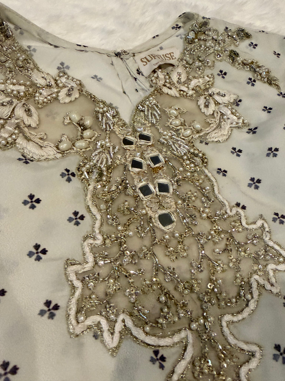 Suffuse Gray Silk Suit with Heavily Embroidered Printed Shirt and Pants with Embellishments on border
