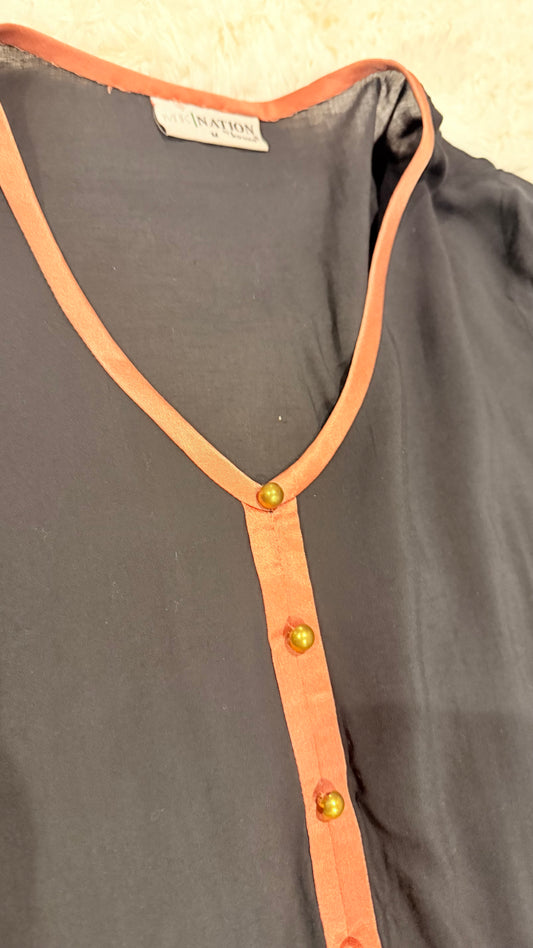 Karma Nation Black Slub Cotton Kurta with Pink and White Embroidery & Gold Buttons