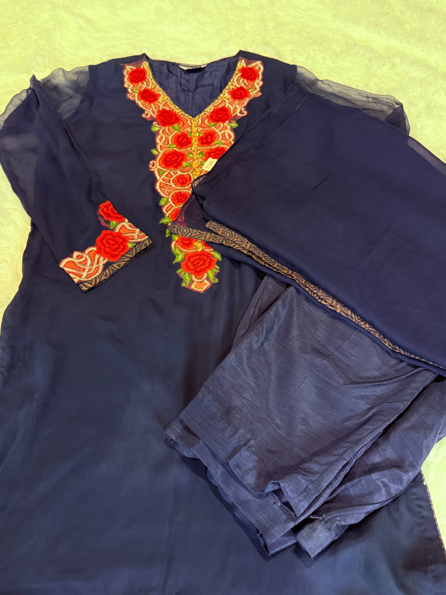 Chinyere Navy Blue Chiffon Kameez with Embroidery on hem, sleeves and neckline