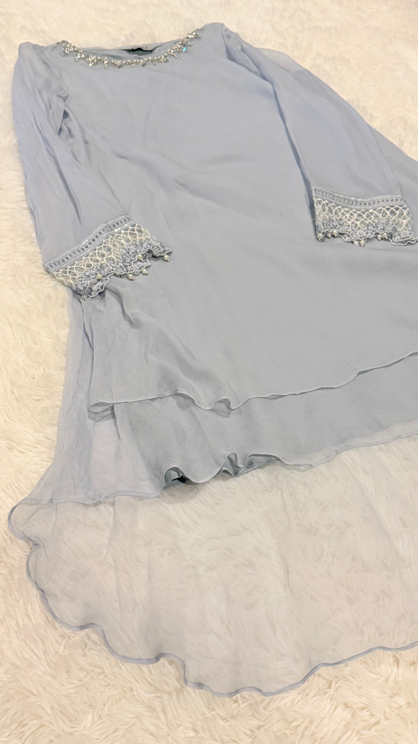 Maria B Gray Blue Chiffon Layered Style Shirt with Embellishments on Neckline and Lace and Pearl Trim on Sleeves.