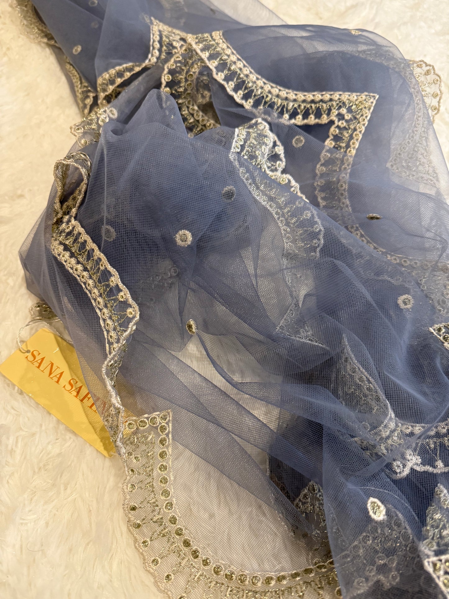 Sana Safinaz Net Dupatta in Blue with Gold and White Embroidery