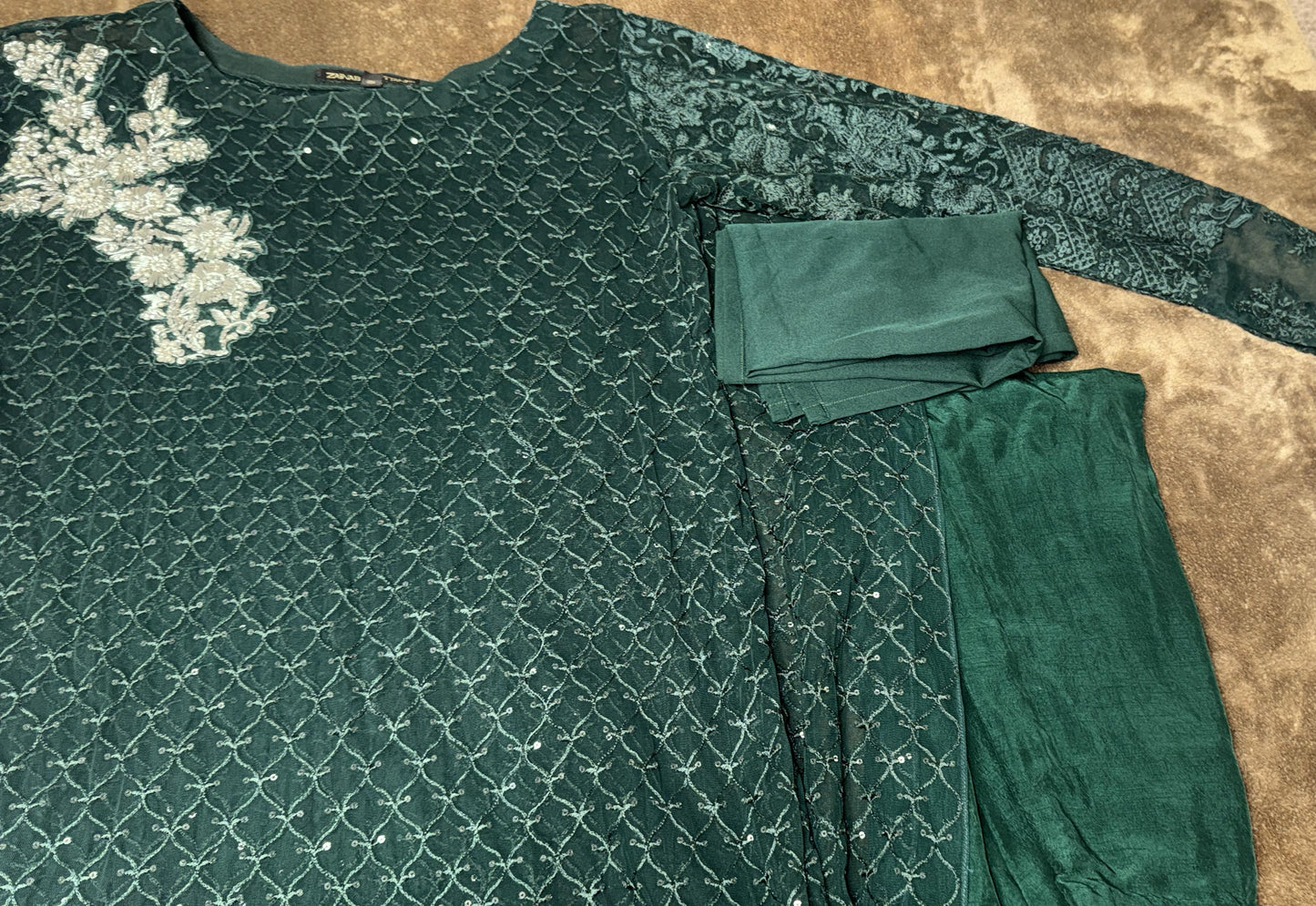 Zainab Chottani Green Asymmetric Poncho with Green Camisole and Straight Pants