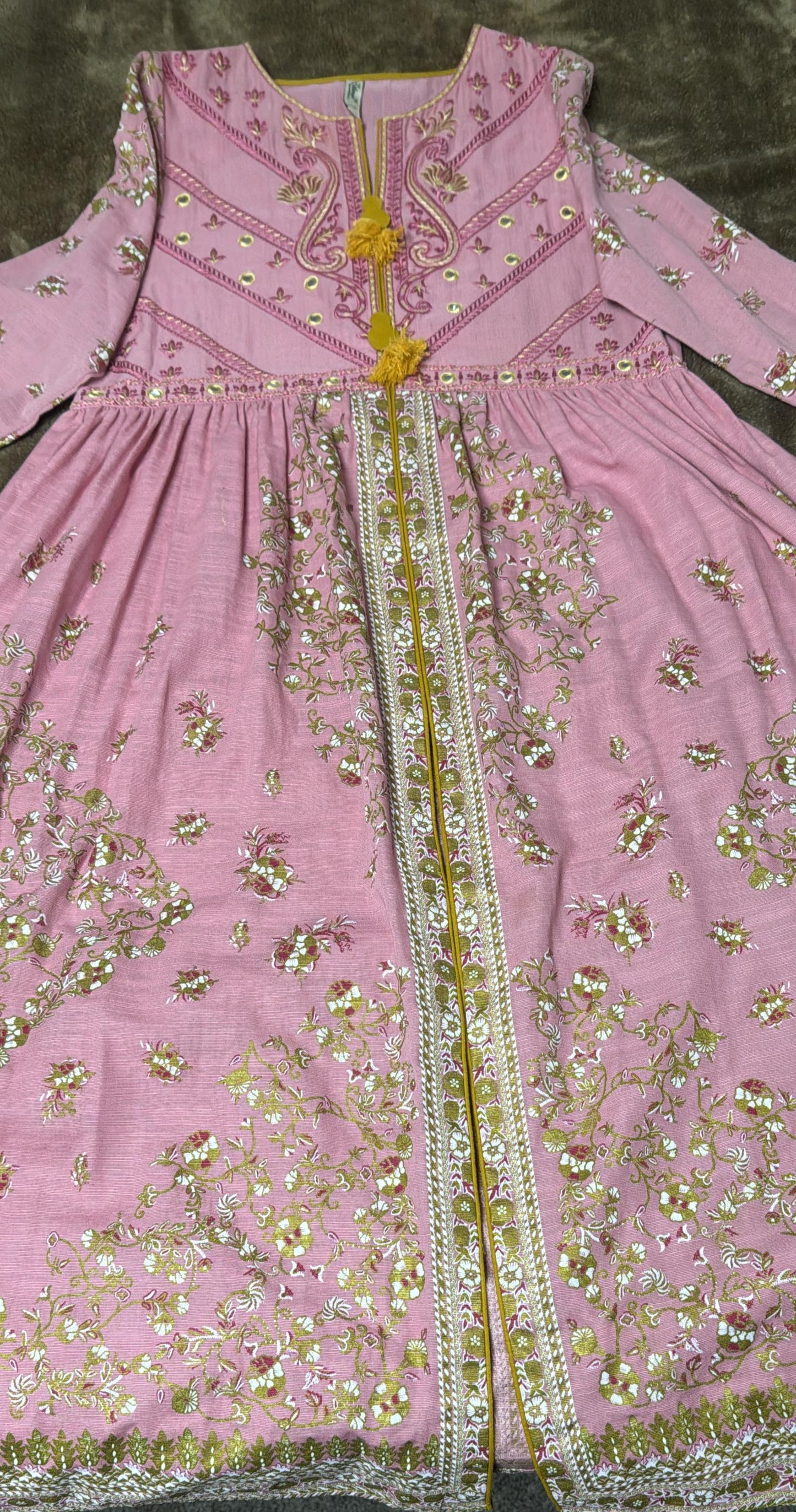 Ethnc Pink and Gold A-line Cotton Silk Frock with Embroidery, Mirror Work and Painted Design