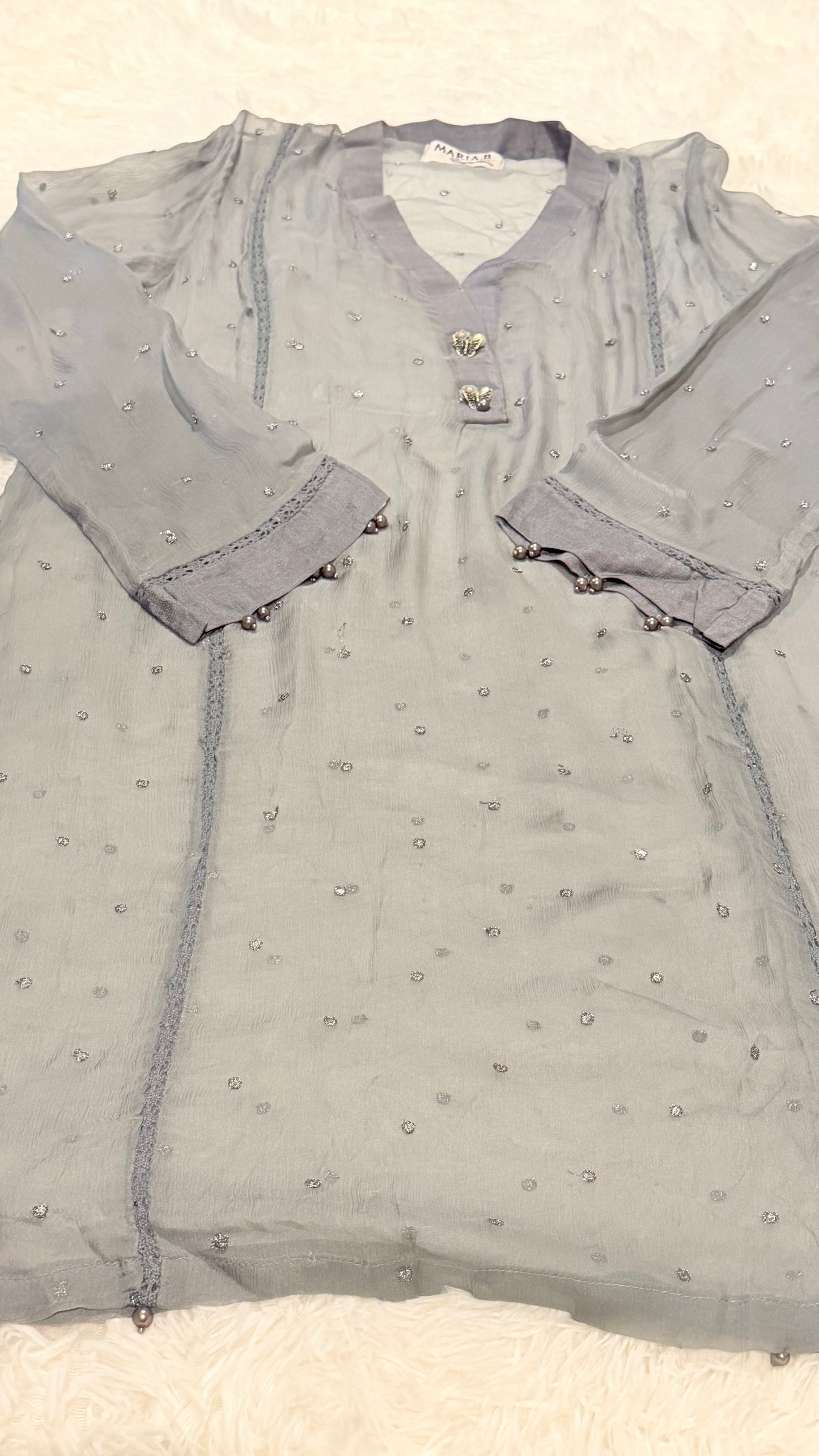 Maria B Gray Chiffon Shirt with Metallic Thread Embroidery and Pearl trim on sleeves and hem