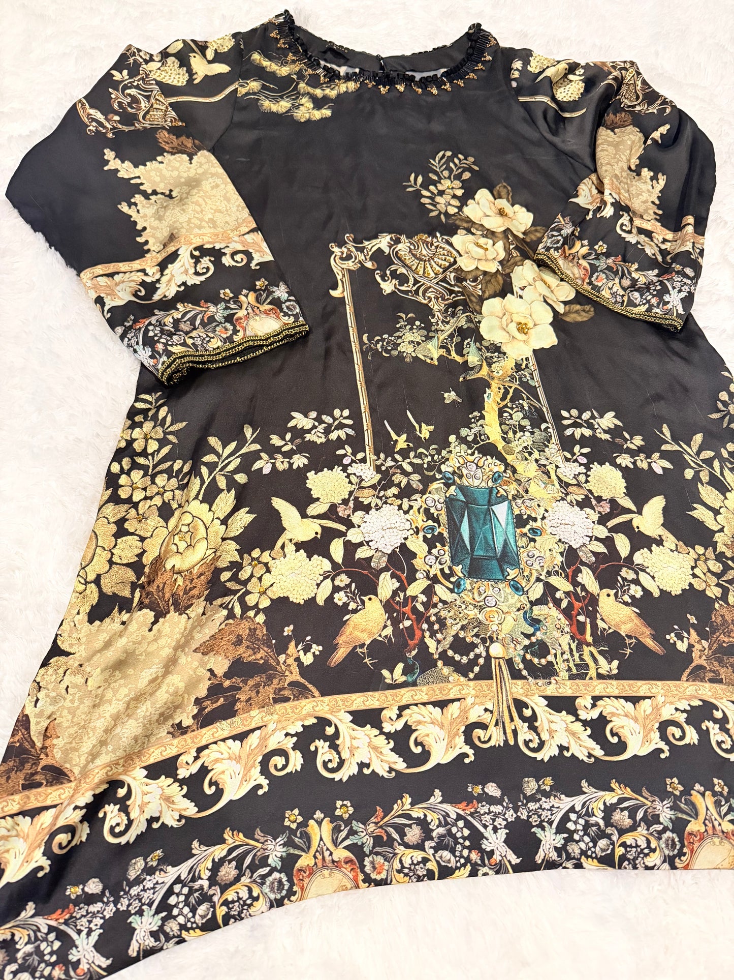 Sapphire Silk Black Shirt with Sequins spread throughout shirt and heavy embellishments around neckline.