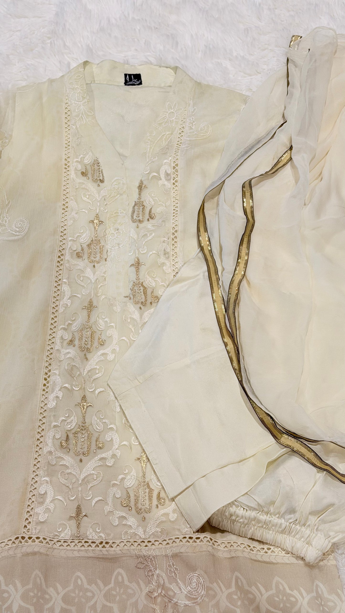 Imbias Off-White Chiffon Shirt with Embroidery and Self-Print background in light beige color
