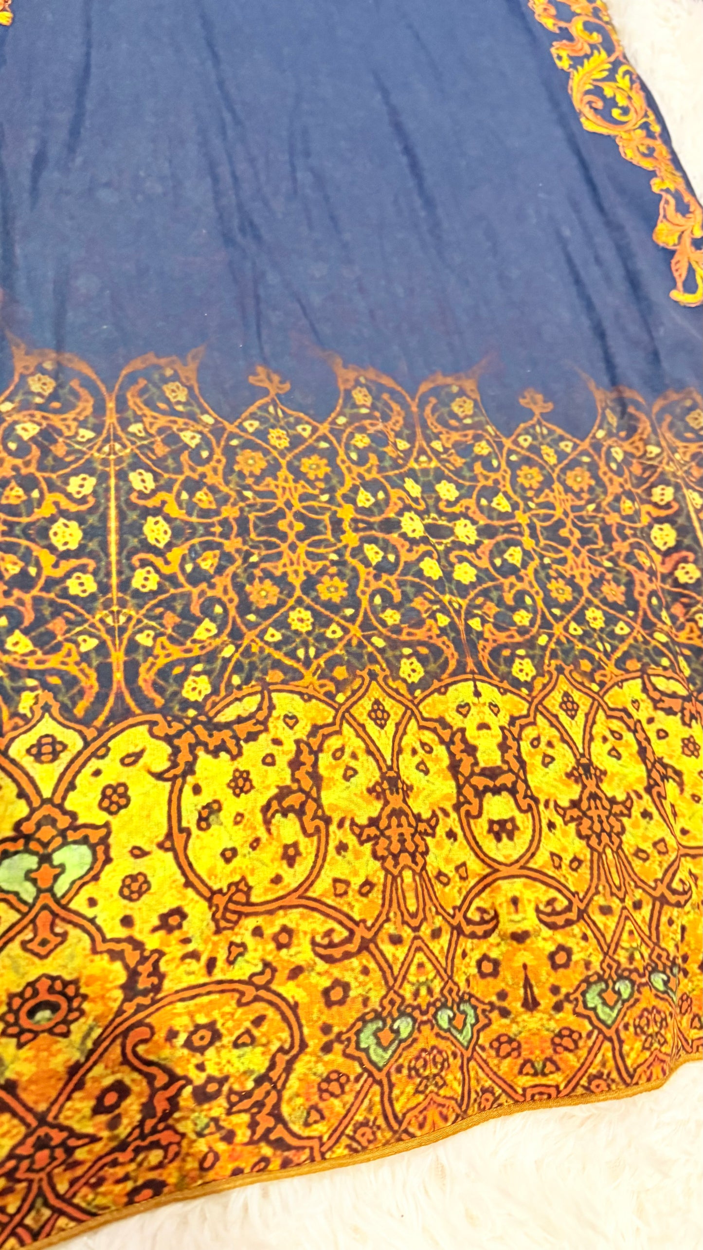 HSY Blue Lawn Kurta with Yellow and Orange Embroidery & Printed Design