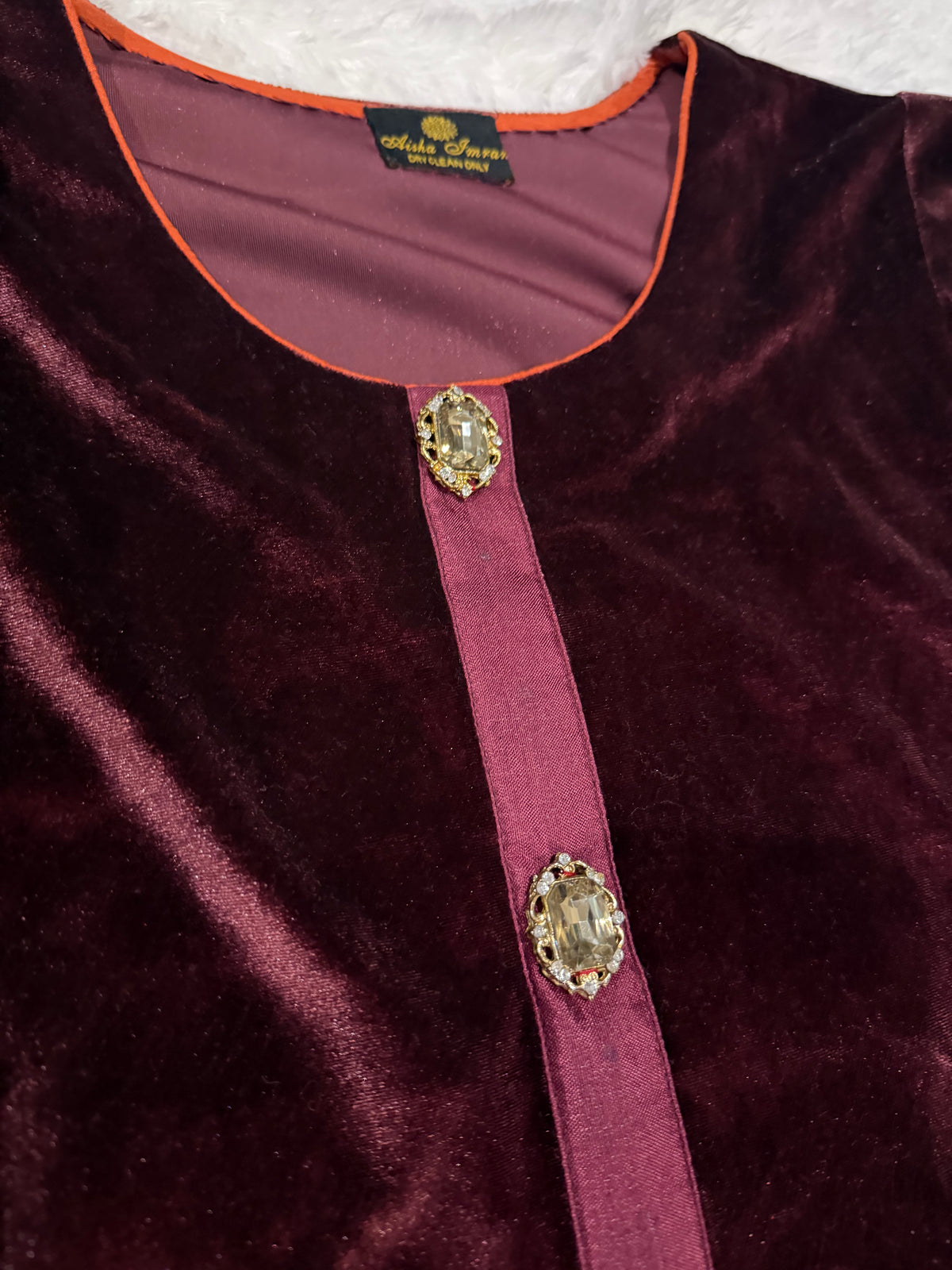 Aisha Imran Deep Purple Velvet Shirt with Thread Embroidery on Border, ornate button decor on neckline and embroidered Sleeve borders